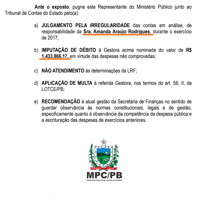 amandarodriguestcecontas2017 Ministério Público imputa débito milionário à esposa do ex governador da PB